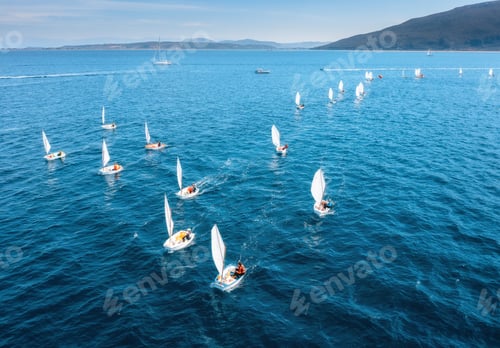 Preview: Aerial view of sailing competition. Top view of sail boats