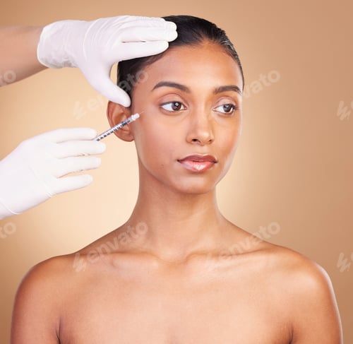 Preview: Woman, face and needle with beauty and dermatology, skincare with plastic surgery on studio backgro