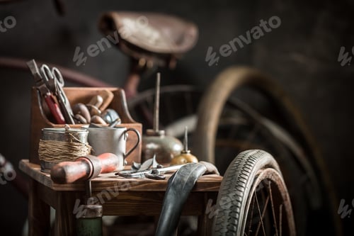 Preview: Retro bike fix service with wheels, tools, and rubber patch