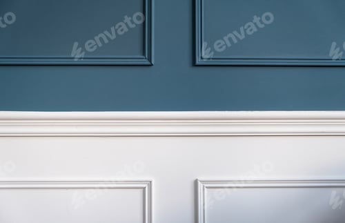 Preview: Classic wainscot wood decoration detail. Retro blue and white wall wooden panel, close up view.