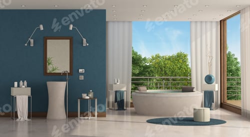 Preview: Luxury bathroom with round bathtub and washbasin