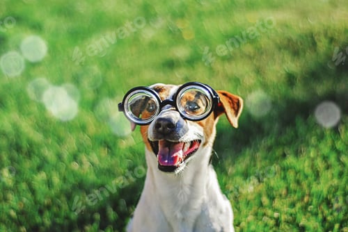 Preview: Portrait of dog in round reading glasses. Funny dog face on green grass with artistic bokeh