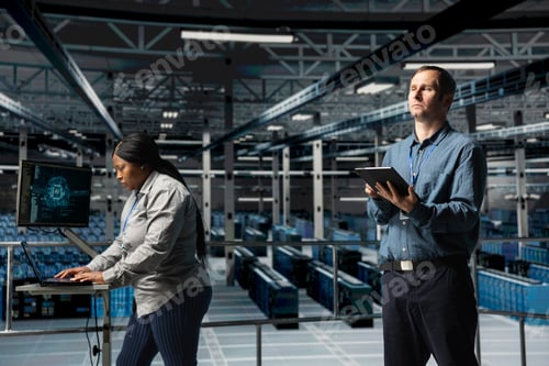 Preview: Server farm team of technicians using devices to do infrastructure AI automatization