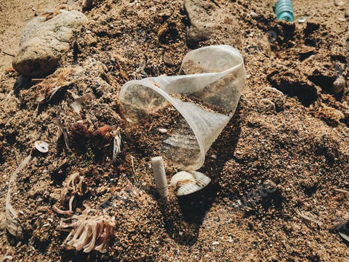 Preview: Single use plastic cup in sand, marine trash on the beach