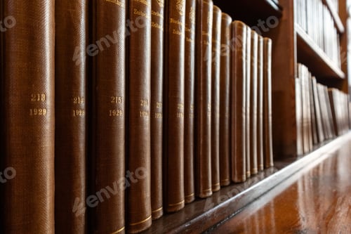 Preview: Vintage books on a wooden library shelf