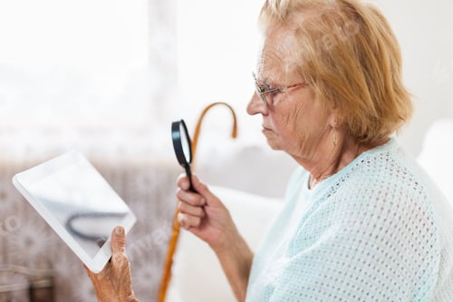 Preview: Elderly woman with glasses and loupe using a digital tablet