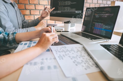 Preview: Team of Professional Developer programmer cooperation meeting and brainstorming and programming in