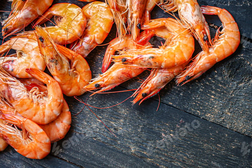 Preview: Shrimp Cooked Seafood Ready To Eat Prawn Serving Size. Food Background Top View Copy Space Healthy