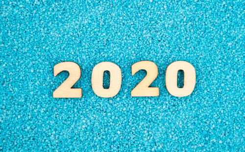 Preview: Happy New Year 2020 Concept, Wood Block 2020 On Blue Sand Background