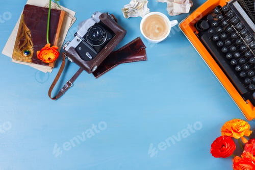 Preview: Workspace with vintage orange typewriter