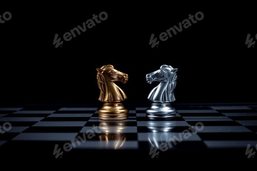 Preview: Chess board game between knight silver team and golden team is strategy game as business Challange c