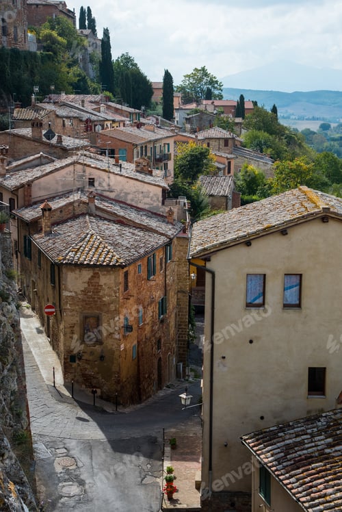 Preview: Houses and empty street at Montepulciano medieval hill town. Tuscany Italy, Europe