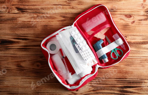 Preview: First aid kit concept, medicine equipment set in a suitcase box