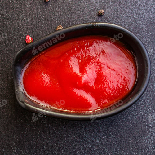 Preview: Tomato Sauce In A Gravy Boat On The Table (Sugo Or Ketchup) Menu Concept. Background. Top View