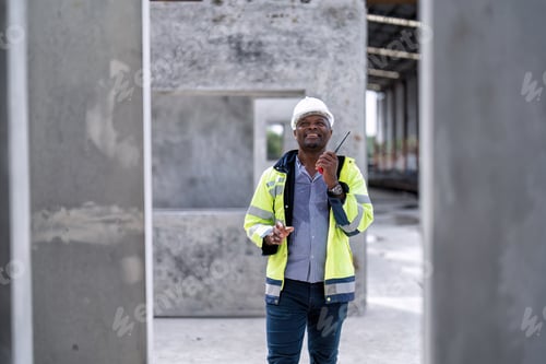 Preview: At building construction site engineer check quality precast concrete slabs and radio call to team