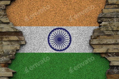 Preview: India flag depicted in paint colors on old stone wall close up