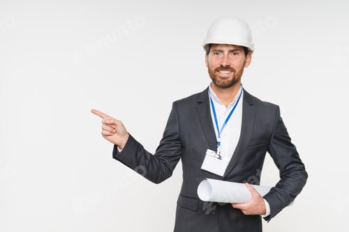 Preview: Man, contractor engineer with documents for architectural design floor plan