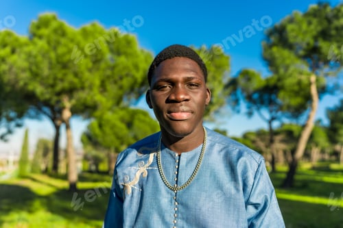 Preview: Young senegalese man wearing traditional dashiki in green park