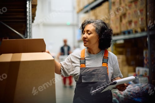 Preview: Female warehouse worker checking packages for shipment in storage room.