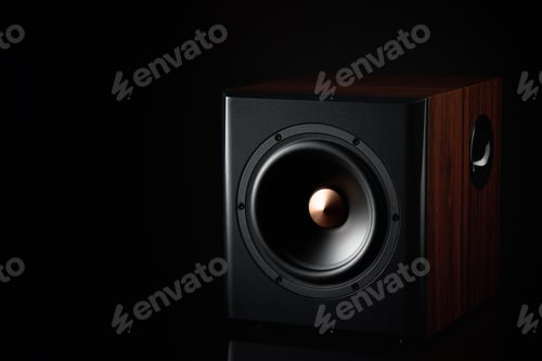 Preview: Sound speaker on dark background with copy space. Close up of acoustic subwoofer