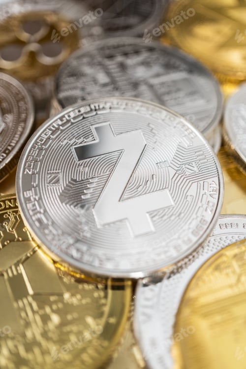 Preview: Close-Up Of Zcash Physical Coin On Stack Of Many Other Cryptocurrencies