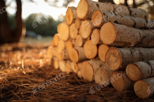 Preview: Stack of cut firewood in forest on sunny day, closeup
