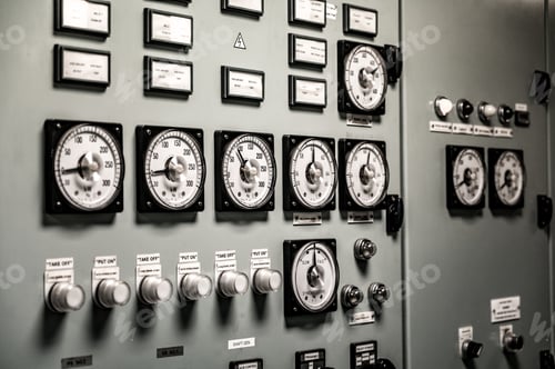 Preview: Industrial Control Panel with Gauges and Toggle Switches
