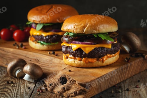 Preview: Two delicious homemade burgers of beef, cheese and mushrooms on an wooden table. Fat unhealthy food