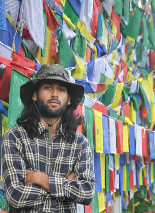 Preview: Photo of a male tourist looking at camera posing with his arms crossed