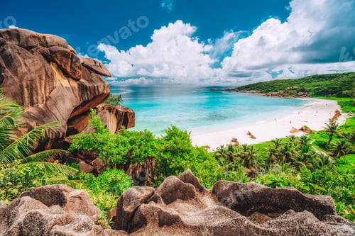 Preview: Multi panorama view of most spectacular tropical beach Grande Anse on La Digue Island, Seychelles