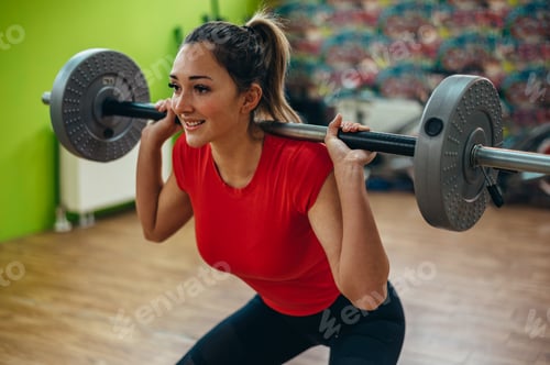 Preview: Young attractive woman lifting barbell in the gym