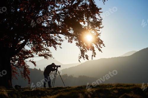 Preview: Hiker tourist man with camera on grassy valley on background of mountain landscape under big tree.