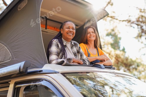 Preview: Multiracial elderly female friends enjoy day in nature with mini van camper