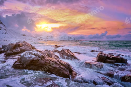 Preview: Norwegian Sea waves on rocky coast of Lofoten islands, Norway