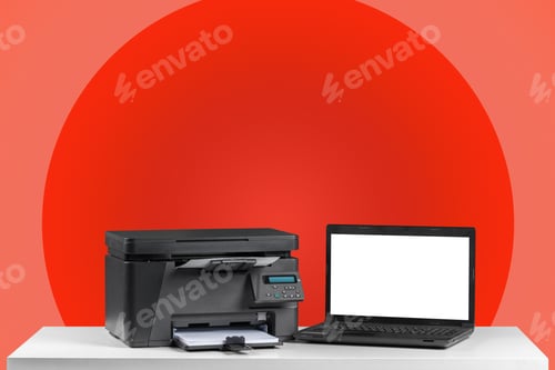 Preview: Printer and computer. Office table