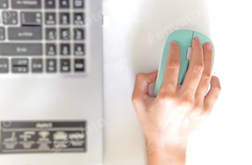 Preview: Hand girl cover mouse computer and keyboard laptop for learning online