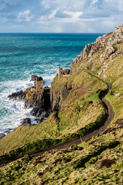 Preview: Botallack Crown Mines, view down onto ruined mine workings and wheel house on the cliffs, and view
