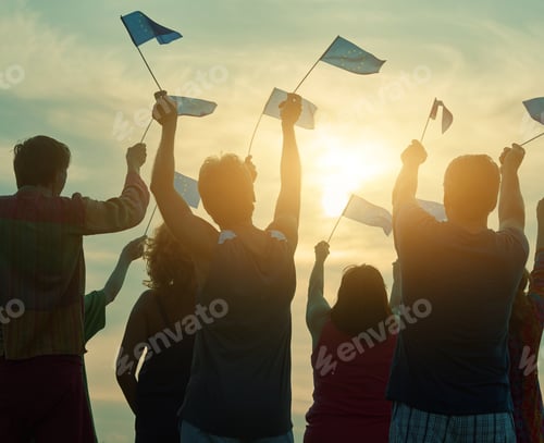 Preview: Raising european union flags.