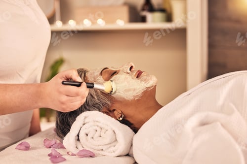 Preview: Woman, relax and brush face mask at spa, skincare treatment and zen therapy in beauty salon. Calm m