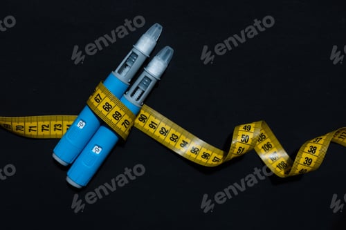 Preview: Two insulin pens entwined with a yellow measuring tape on black background