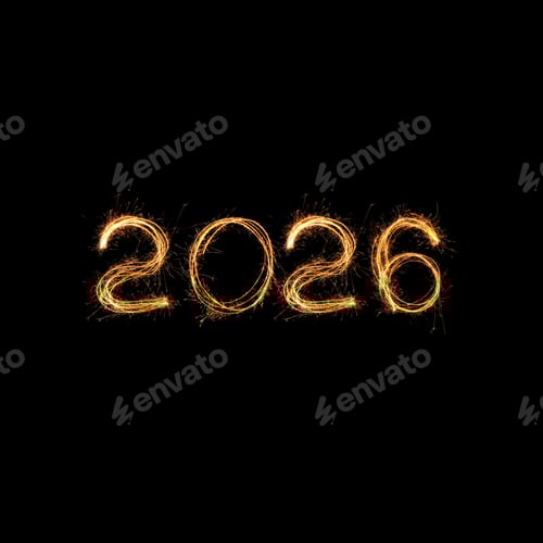 Visualização: Brilhante “2026” escrito com luz cintilante sobre fundo escuro, representando a celebração do Ano Novo