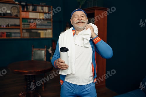 Preview: Elderly sportsman in uniform holds towel and water