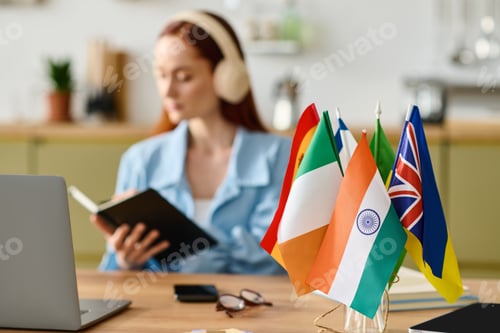 Preview: Red-haired language teacher conducts online session from cozy home workspace