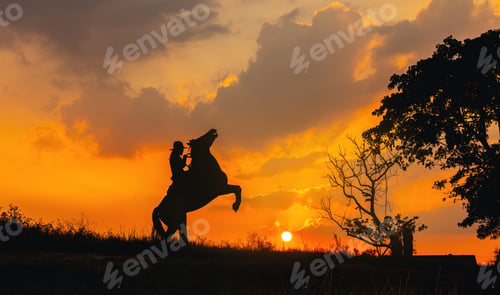 Preview: A cowboy on a horse springing up and a riding horse silhouetted against the sunset
