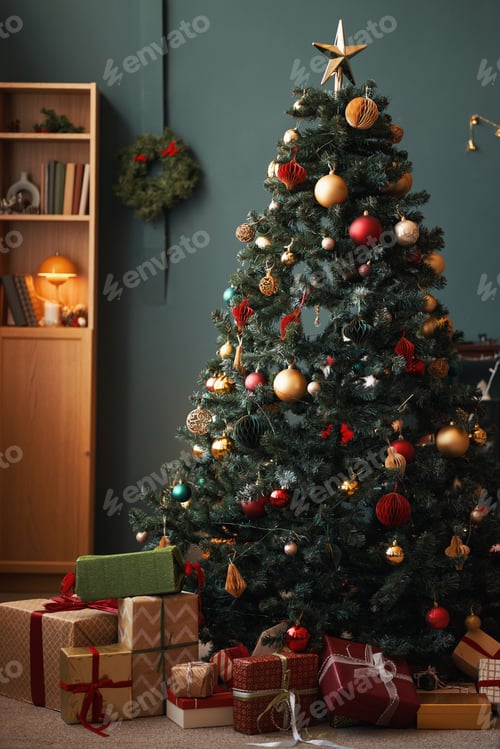Preview: Decorated Christmas Tree Standing with Wrapped Gifts in Cozy Festive Room