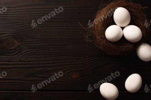 Preview: Top View of White Chicken Eggs in Nest And on Brown Wooden Background