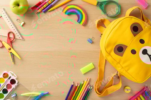 Preview: School materials scene. Top view of vibrant accessories, art kit, scissors, ruler, sharpener
