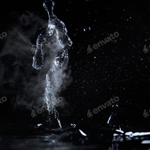 Preview: Boiling water splash with steam on black background closeup