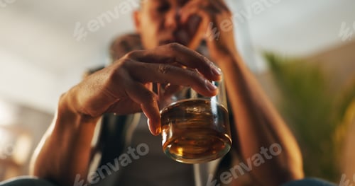 Preview: Alcoholic, stress and glass of whiskey with person in living room for substance abuse, risk and dep