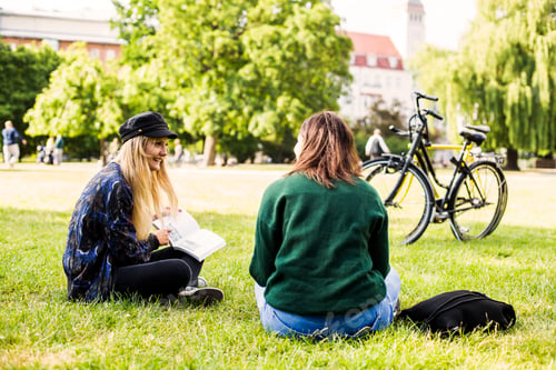 Preview: Two young women sitting in park and studying